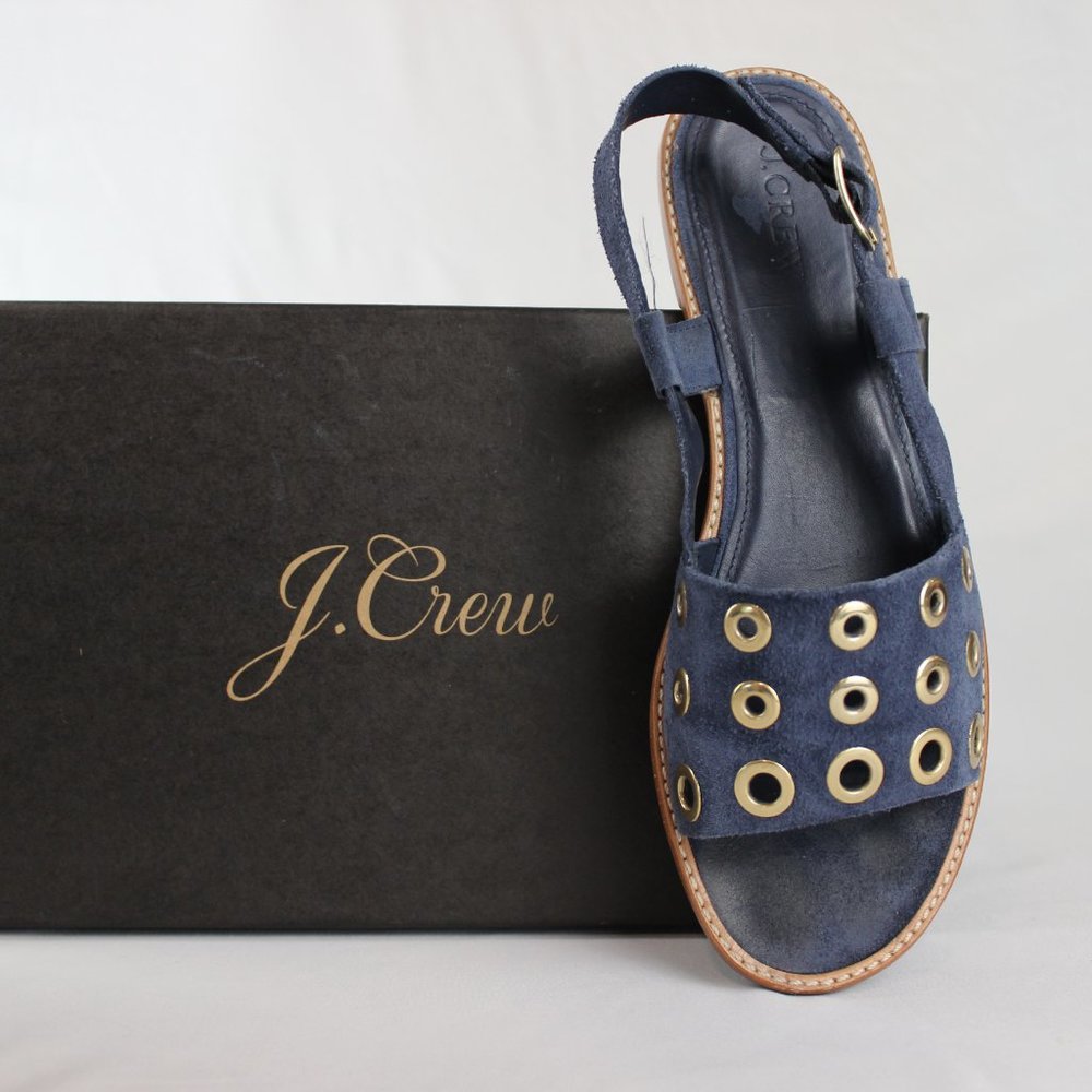 J. Crew Blue Suede Slingback Sandals with Gold Grommets - Picture 2 of 5